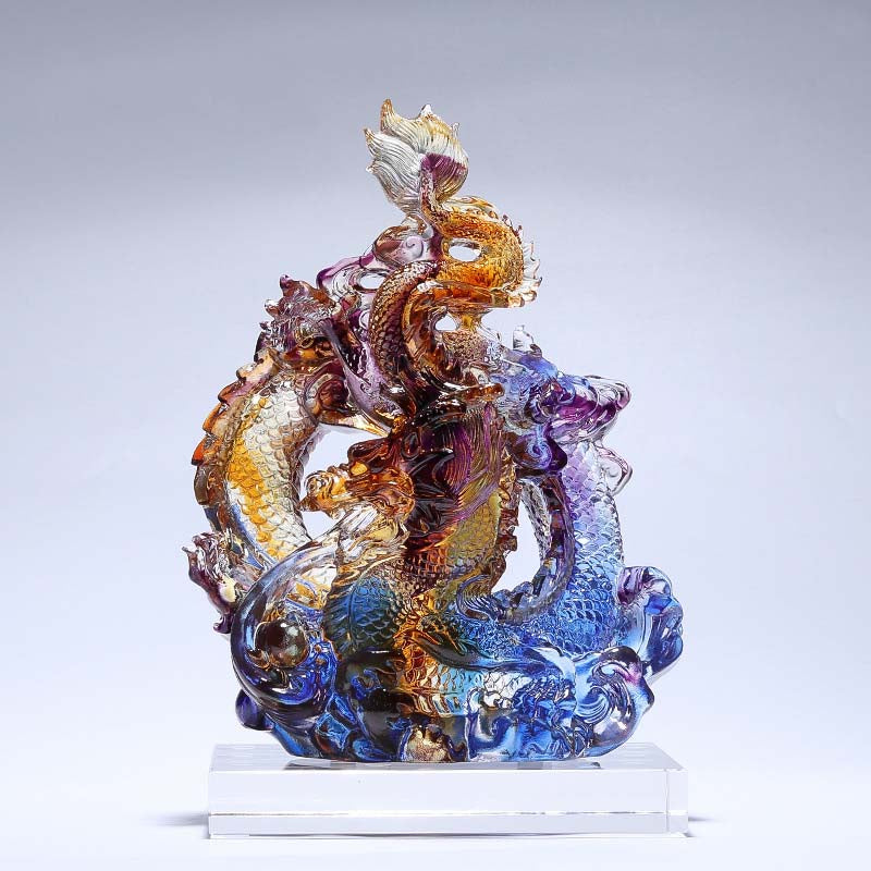 Buddha Stones Year of the Dragon Handmade Liuli Crystal Art Piece Protection Home Office Decoration With Base - Large Colorful Dragon 20*15*28cm/7.87*5.91*11.02Inch - image 6