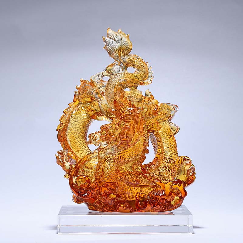 Buddha Stones Year of the Dragon Handmade Liuli Crystal Art Piece Protection Home Office Decoration With Base - Large Yellow Dragon 20*15*28cm/7.87*5.91*11.02Inch - image 0