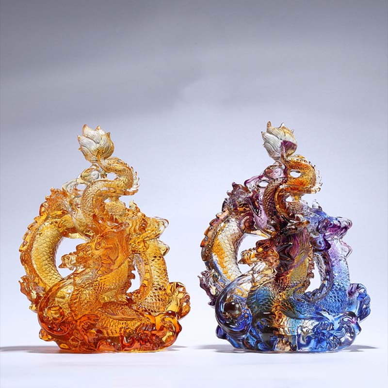 Buddha Stones Year of the Dragon Handmade Liuli Crystal Art Piece Protection Home Office Decoration With Base - image 5