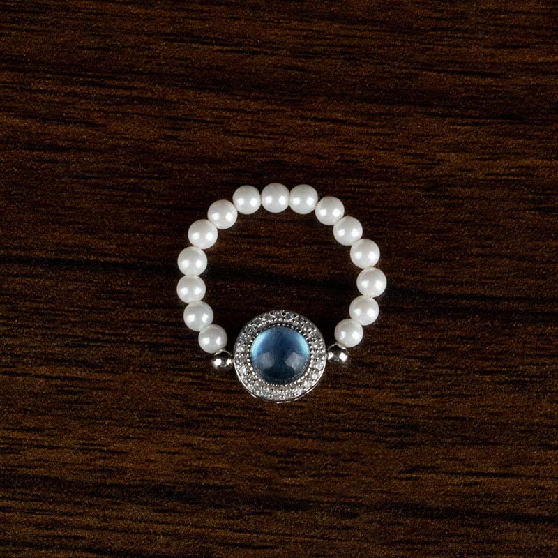 Buddha Stones 925 Sterling Silver Pearl Blue Chalcedony Healing Chain Bracelet Ring - 3mm Pearl Ring(Elastic-Diameter 16mm/US5) - image 5