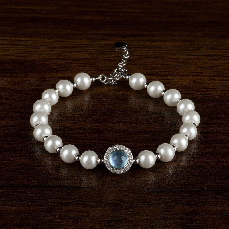 Buddha Stones 925 Sterling Silver Pearl Blue Chalcedony Healing Chain Bracelet Ring - 6mm Pearl Bracelet(Wrist Circumference 14-17cm) - image 0