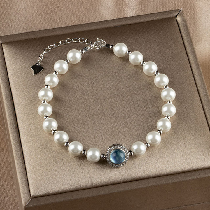 Buddha Stones 925 Sterling Silver Pearl Blue Chalcedony Healing Chain Bracelet Ring - image 2