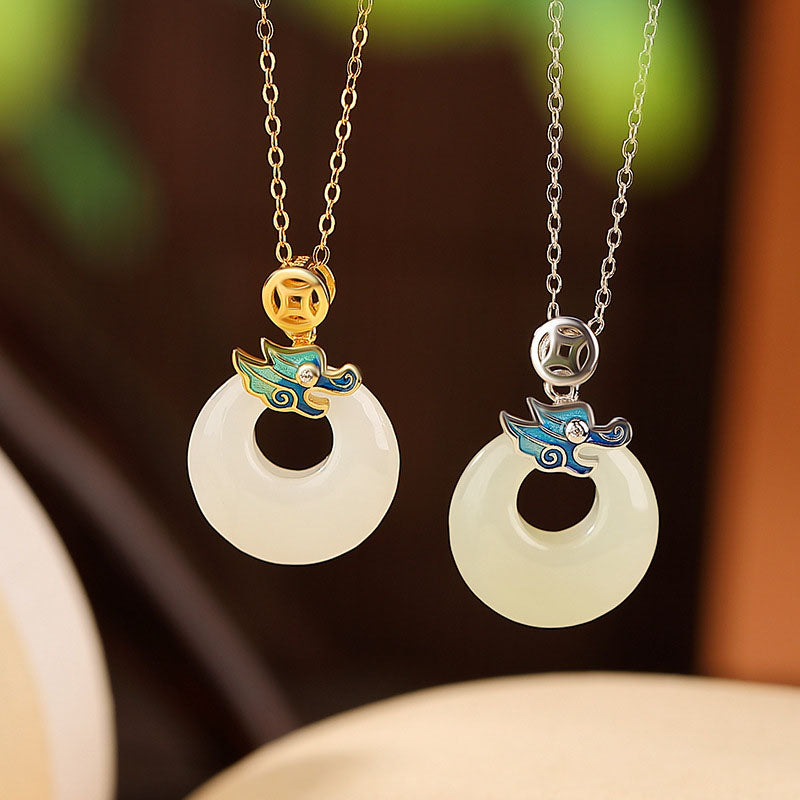 Buddha Stones 925 Sterling Silver Plated Gold Year of the Dragon Hetian Jade Peace Buckle Copper Coin Abundance Necklace Pendant - image 0