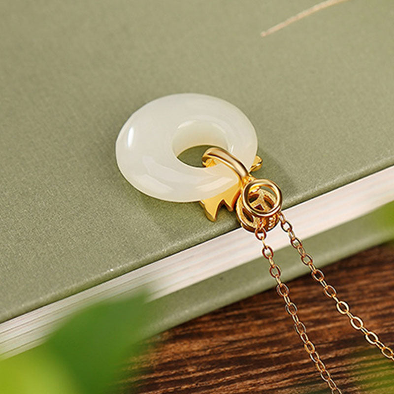 Buddha Stones 925 Sterling Silver Plated Gold Year of the Dragon Hetian Jade Peace Buckle Copper Coin Abundance Necklace Pendant - image 3