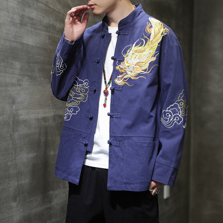 Buddha Stones Dragon Auspicious Cloud Embroidery Clothing Chinese Tang Suit Jacket Men Clothing - Navy Blue - US/UK/AU48，EU58(5XL) - image 21