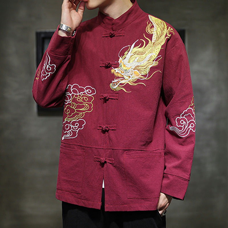 Buddha Stones Dragon Auspicious Cloud Embroidery Clothing Chinese Tang Suit Jacket Men Clothing