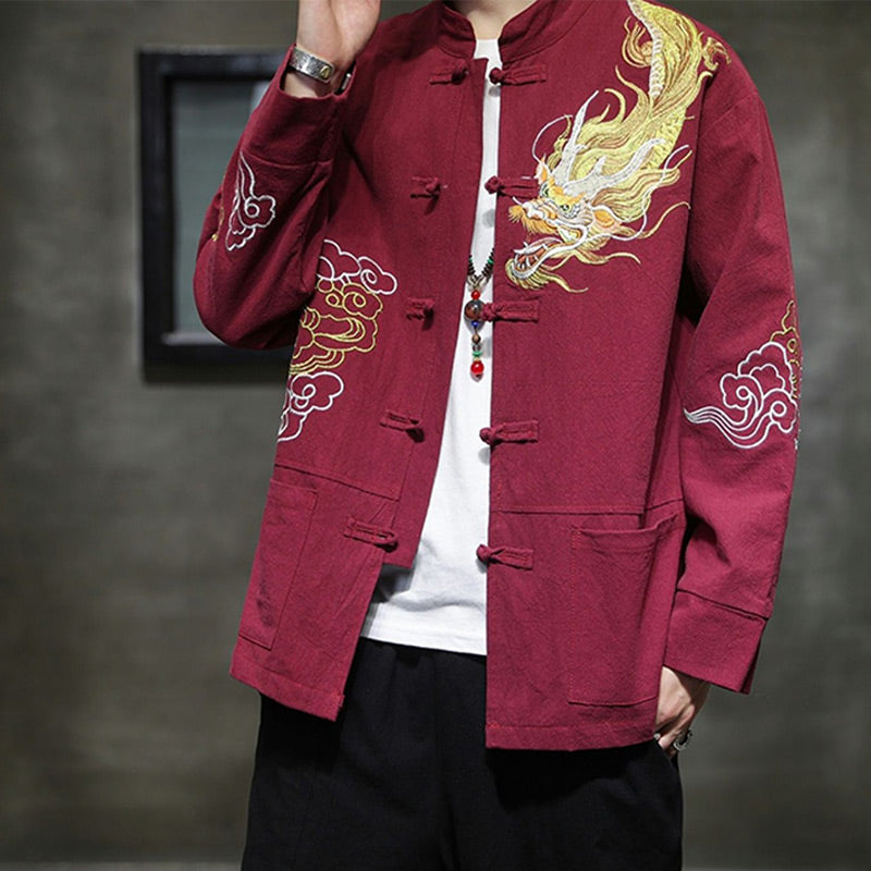 Buddha Stones Dragon Auspicious Cloud Embroidery Clothing Chinese Tang Suit Jacket Men Clothing