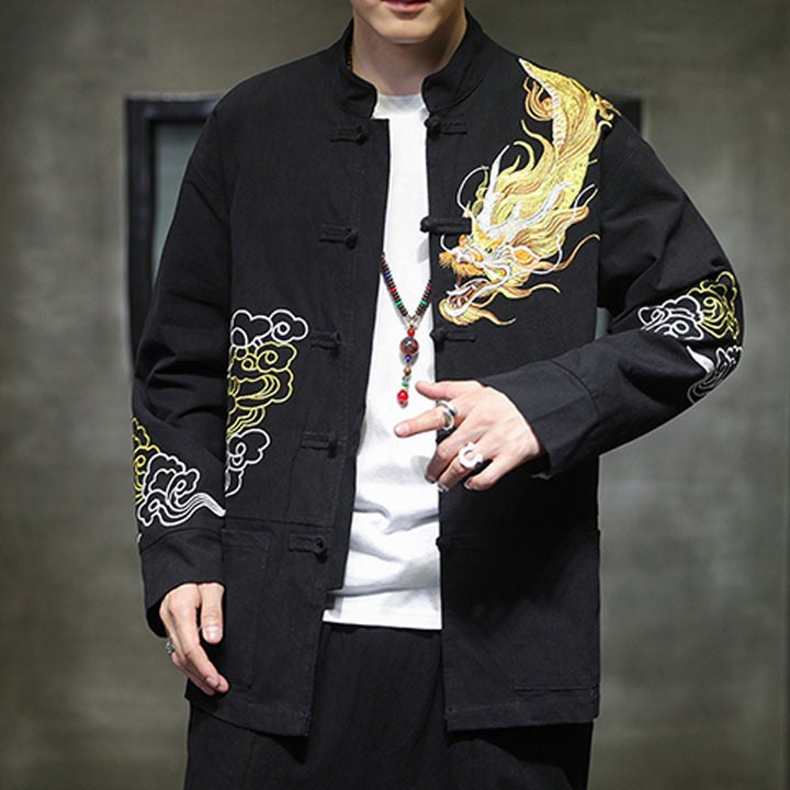 Buddha Stones Dragon Auspicious Cloud Embroidery Clothing Chinese Tang Suit Jacket Men Clothing