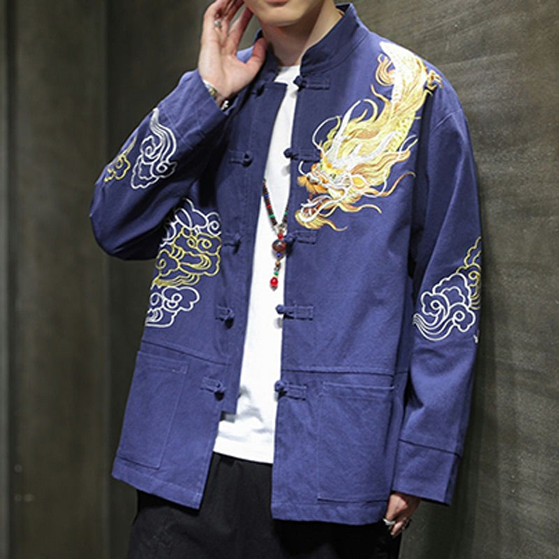 Buddha Stones Dragon Auspicious Cloud Embroidery Clothing Chinese Tang Suit Jacket Men Clothing