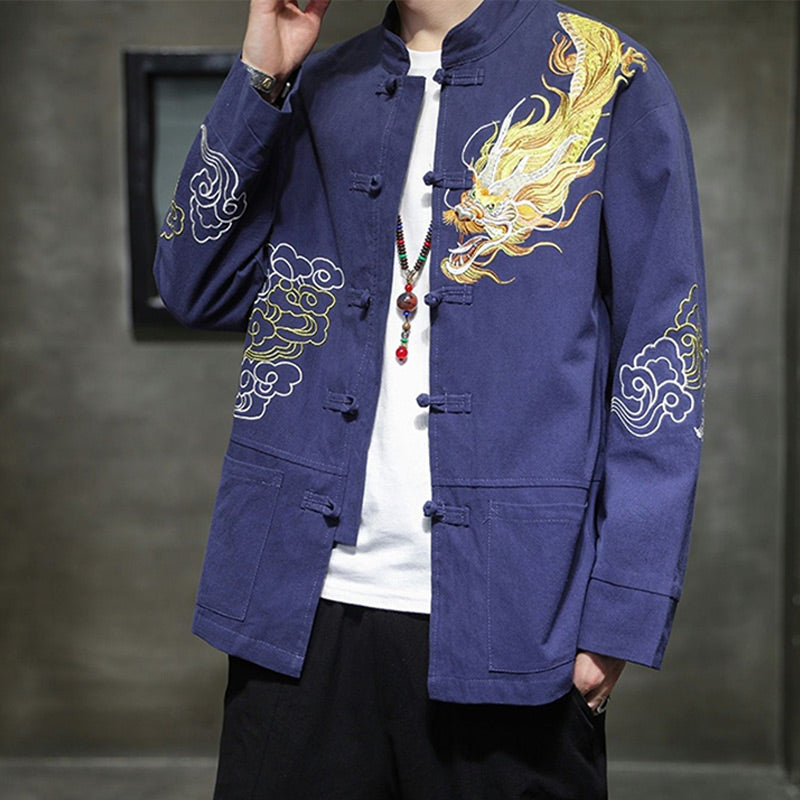 Buddha Stones Dragon Auspicious Cloud Embroidery Clothing Chinese Tang Suit Jacket Men Clothing