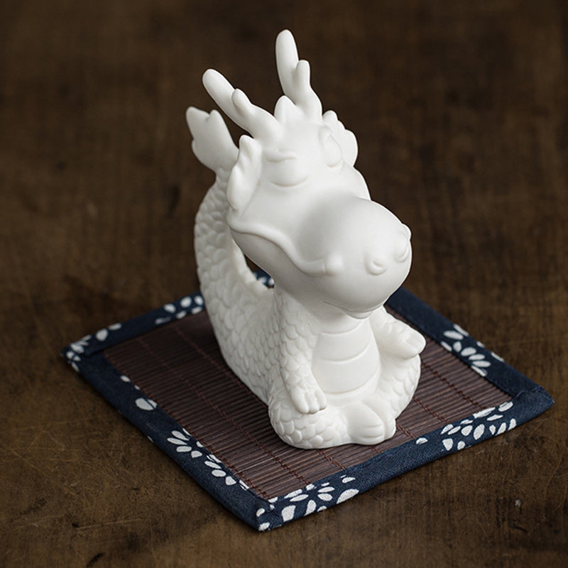 Buddha Stones Year Of The Dragon Luck White Porcelain Ceramic Tea Pet Home Figurine Decoration - Meditate Dragon 4.3cm*5.9cm*8.6cm&Bamboo Mat - image 10