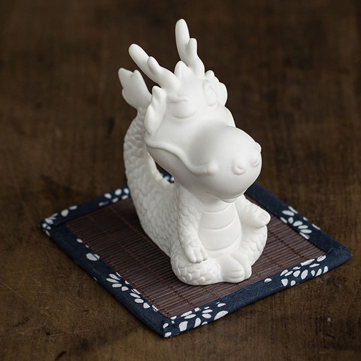 Buddha Stones Year Of The Dragon Luck White Porcelain Ceramic Tea Pet Home Figurine Decoration - Meditate Dragon 4.3cm*5.9cm*8.6cm&Bamboo Mat - image 10