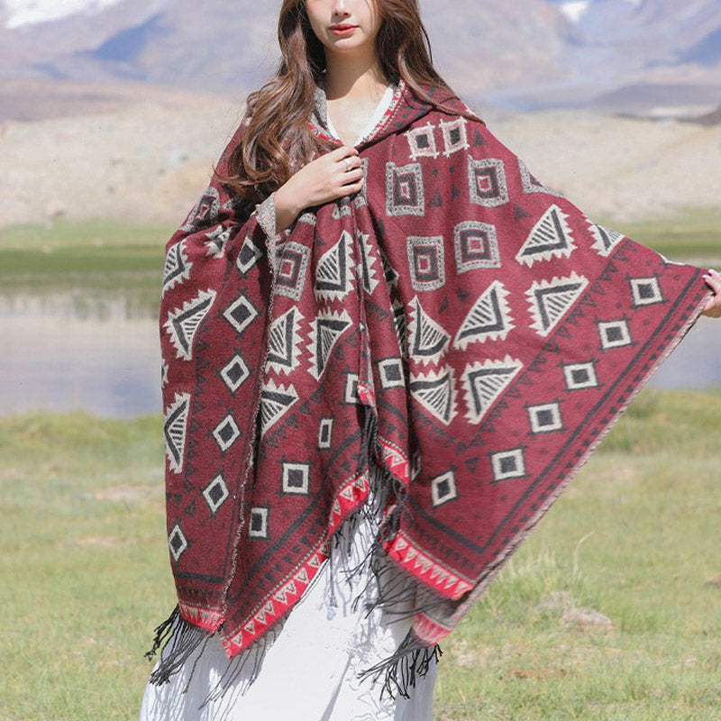 Buddha Stones Tibetan Shawl Triangle Pattern Hooded Cloak Winter Cozy Travel Scarf Wrap - Dark Red 130*150cm - image 10
