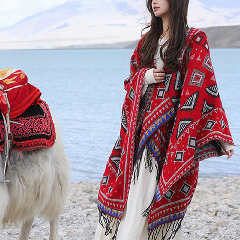 Buddha Stones Tibetan Shawl Triangle Pattern Hooded Cloak Winter Cozy Travel Scarf Wrap - image 8