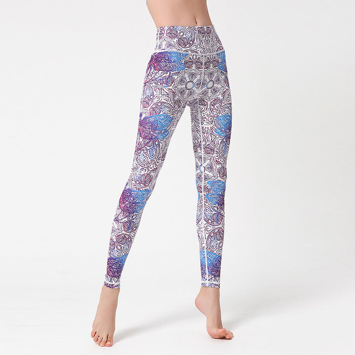 Buddha Stones Flowers Leaves Birds Pants Sports Fitness Yoga Leggings Women's Yoga Pants - Purple Blue White - US8-10，UK/AU12-14，EU40-42 (XL) - image 0