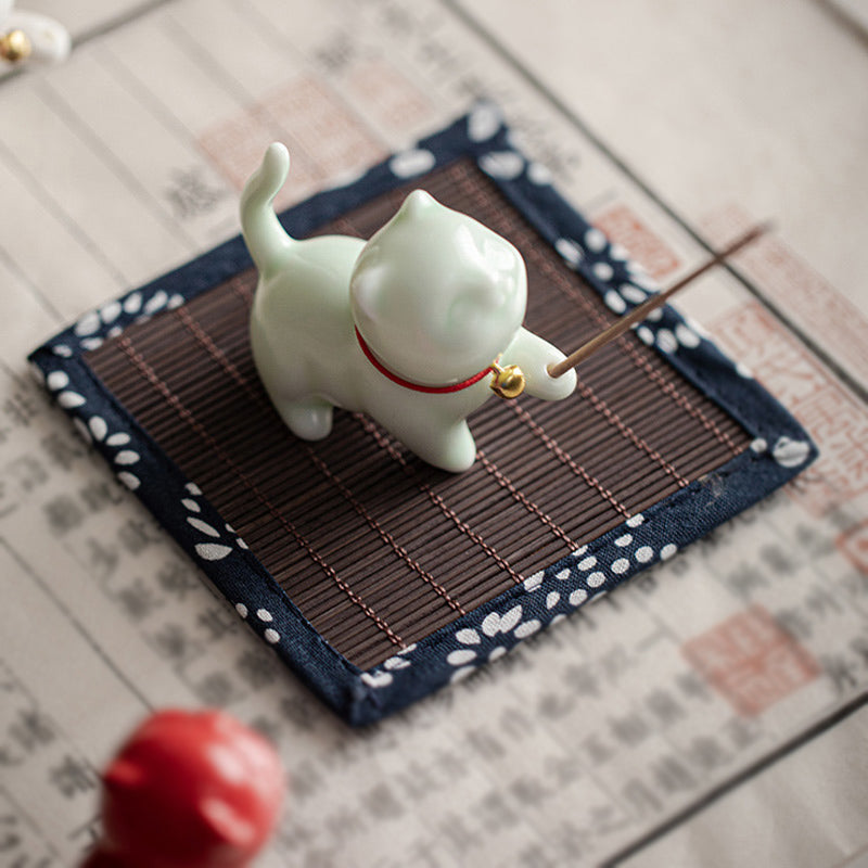 Buddha Stones Mini Lucky Cat Kitten Tea Pet Ceramic Home Desk Figurine Decoration With Bamboo Mat - image 14