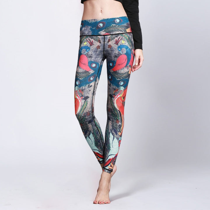 Buddha Stones Red Blue Peacock Feather Pants Sports Fitness Yoga Leggings Women's Yoga Pants - US8-10，UK/AU12-14，EU40-42 (XL) - image 0