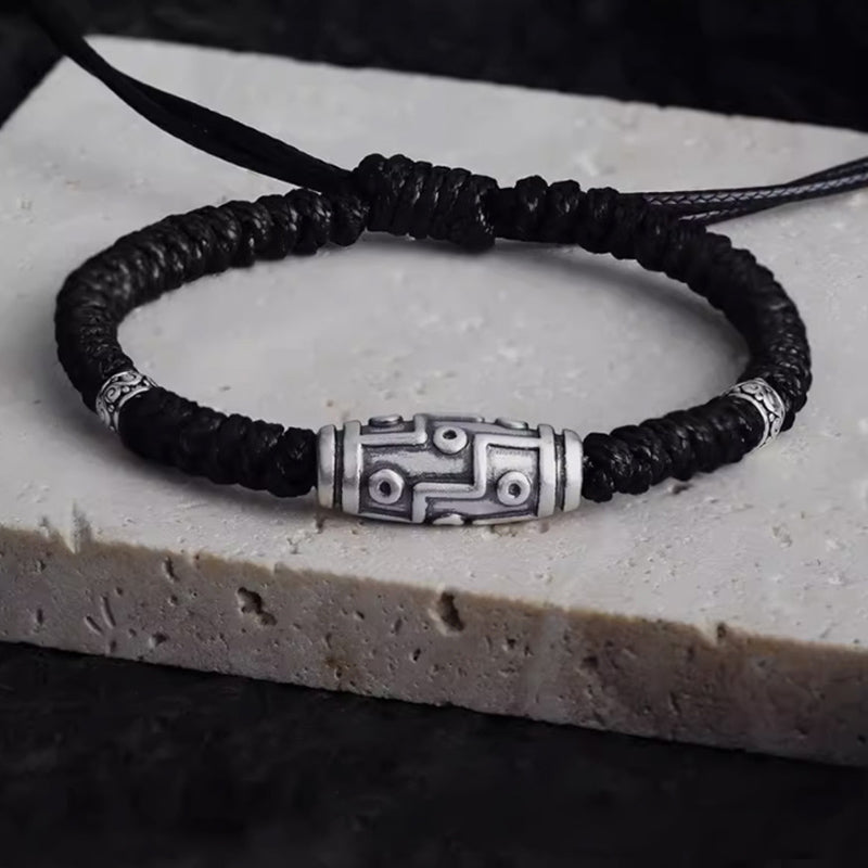 Buddha Stones 999 Sterling Silver Nine-Eye Dzi Bead Pattern Blessing Rope Bracelet - 14-23cm - image 0