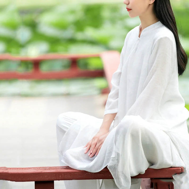 Buddha Stones 2Pcs White Tai Chi Meditation Yoga Zen Cotton Linen Clothing Top Pants Women's Set