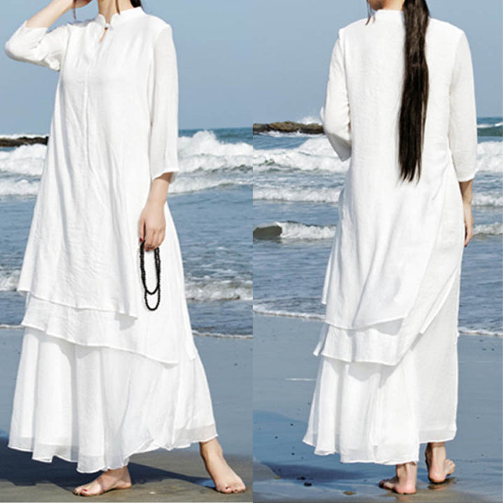 Buddha Stones 2Pcs White Tai Chi Meditation Yoga Zen Cotton Linen Clothing Top Pants Women's Set