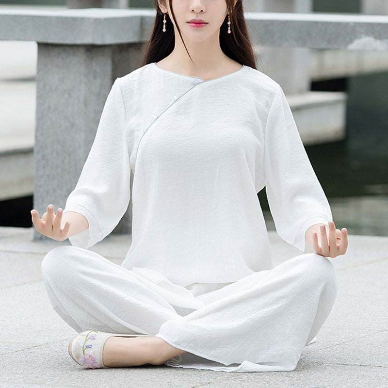 Buddha Stones 2Pcs Simple Design White Top Pants Meditation Yoga Zen Tai Chi Cotton Linen Clothing Women's Set