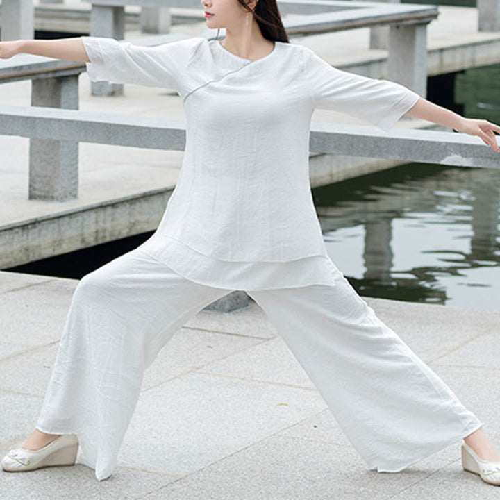 Buddha Stones 2Pcs Simple Design White Top Pants Meditation Yoga Zen Tai Chi Cotton Linen Clothing Women's Set - image 4