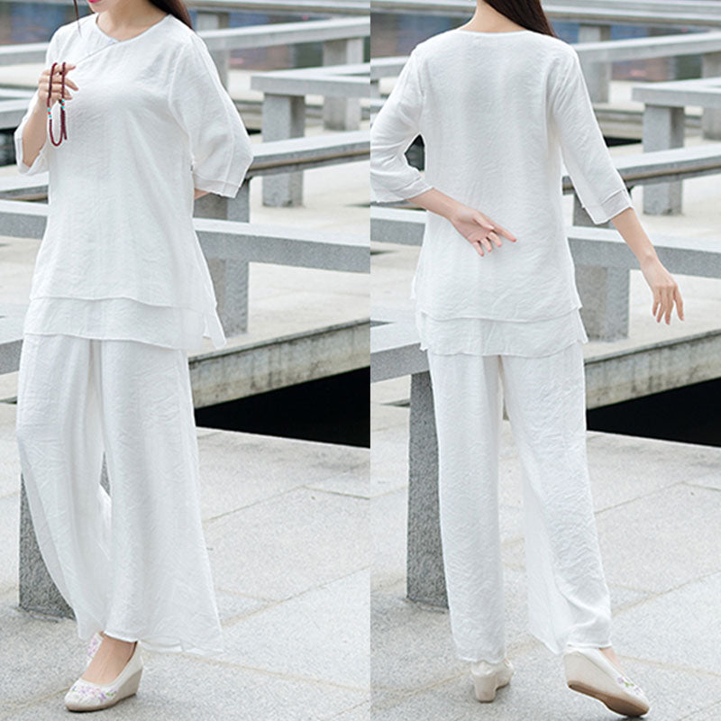Buddha Stones 2Pcs Simple Design White Top Pants Meditation Yoga Zen Tai Chi Clothing Women's Set - image 3