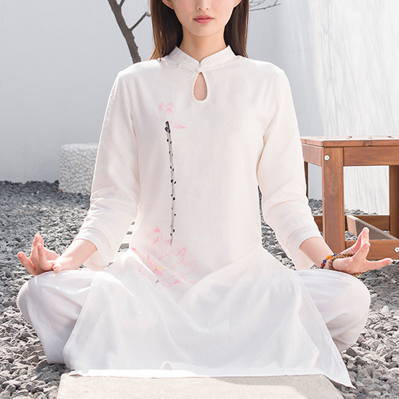 Buddha Stones 2Pcs Lotus Pattern Tai Chi Meditation Yoga Cotton Linen Clothing Top Pants Women's Set - White(Top&Pants) - US12，UK/AU16，EU44 (2XL)  - image 0