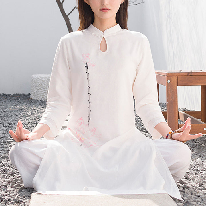Buddha Stones 2Pcs Lotus Pattern Tai Chi Meditation Yoga Cotton Linen Clothing Top Pants Women's Set - White(Top&Pants) - US12，UK/AU16，EU44 (2XL)  - image 0