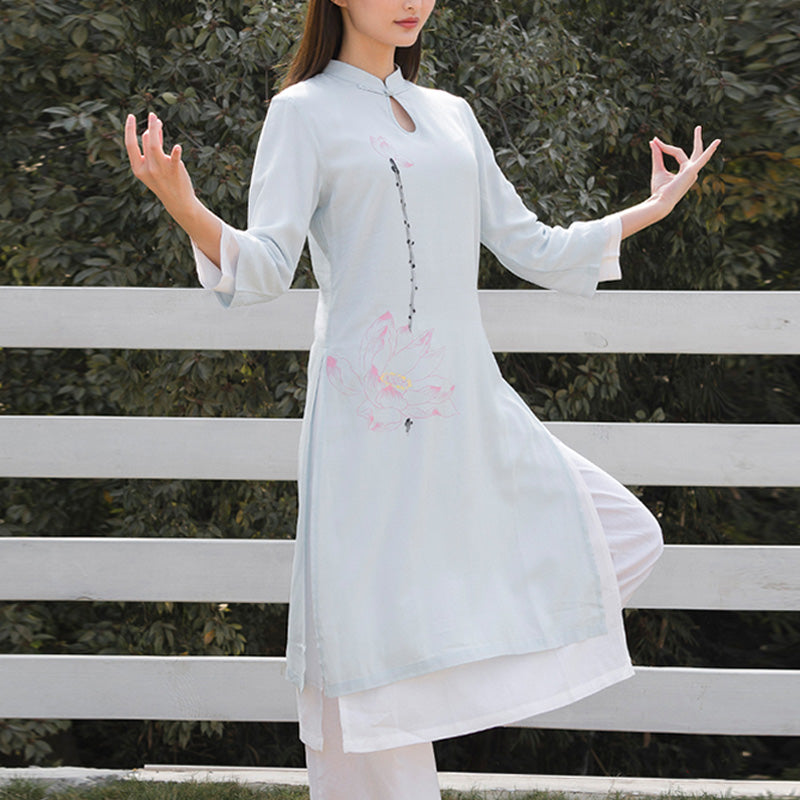 Buddha Stones 2Pcs Lotus Pattern Tai Chi Meditation Yoga Cotton Linen Clothing Top Pants Women's Set - Blue Top&White Pants - US12，UK/AU16，EU44 (2XL)  - image 6