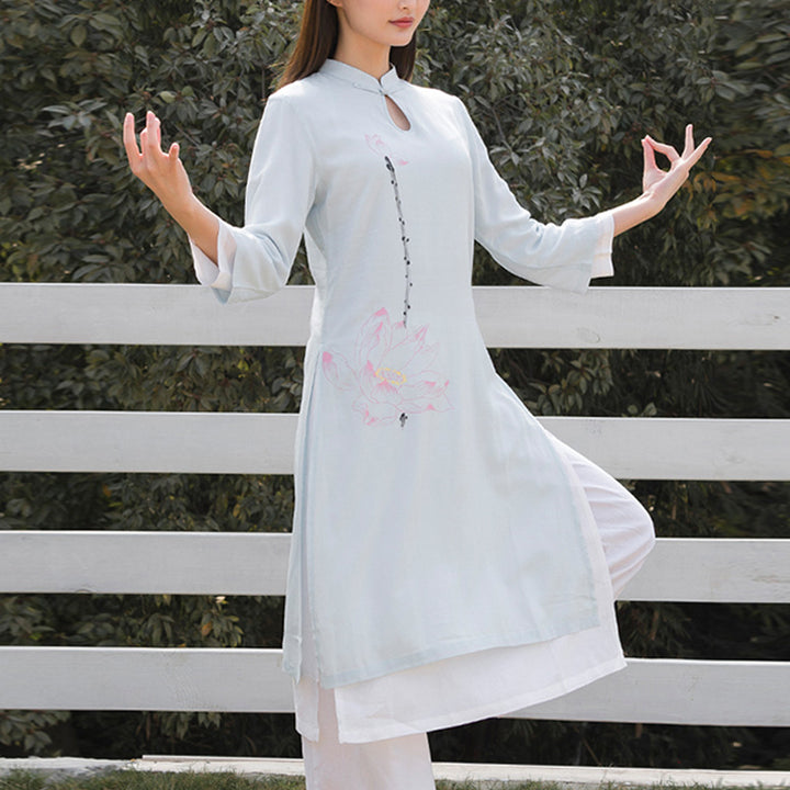 Buddha Stones 2Pcs Lotus Pattern Tai Chi Meditation Yoga Cotton Linen Clothing Top Pants Women's Set - Blue Top&White Pants - US12，UK/AU16，EU44 (2XL)  - image 6