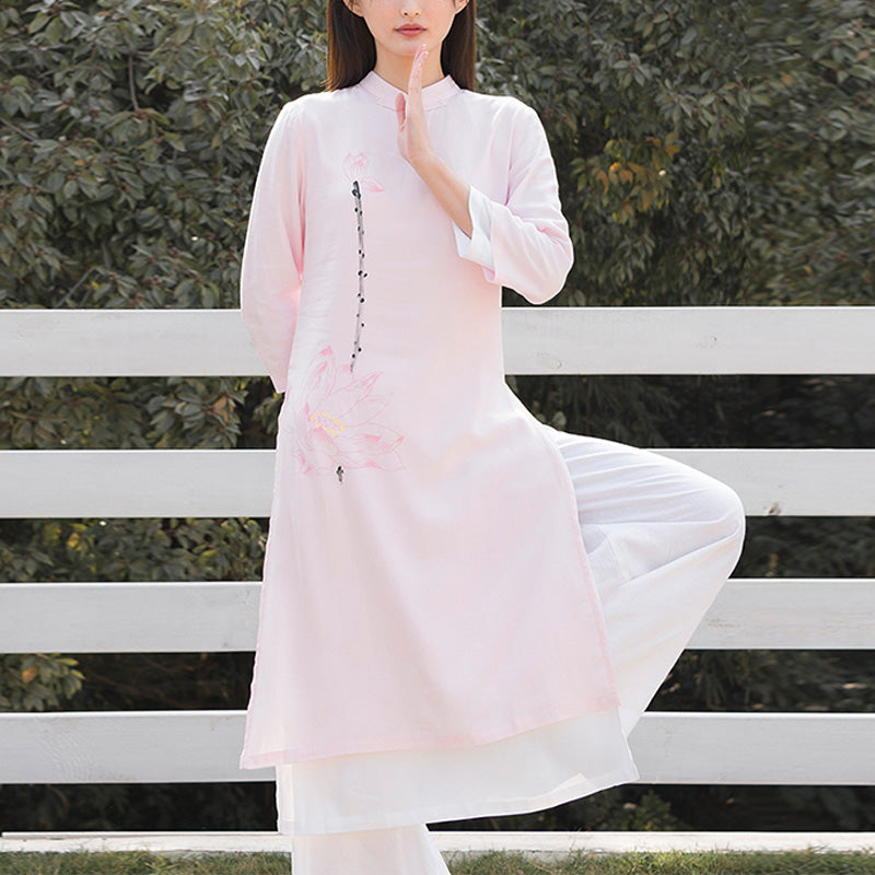 Buddha Stones 2Pcs Lotus Pattern Tai Chi Meditation Yoga Cotton Linen Clothing Top Pants Women's Set - Pink Top&White Pants - US12，UK/AU16，EU44 (2XL)  - image 15