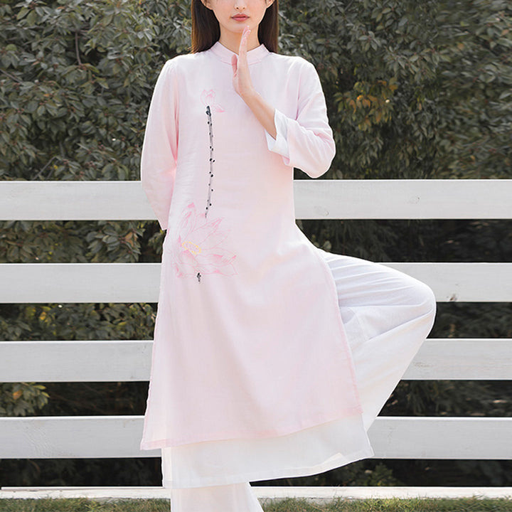Buddha Stones 2Pcs Lotus Pattern Tai Chi Meditation Yoga Cotton Linen Clothing Top Pants Women's Set - Pink Top&White Pants - US12，UK/AU16，EU44 (2XL)  - image 15