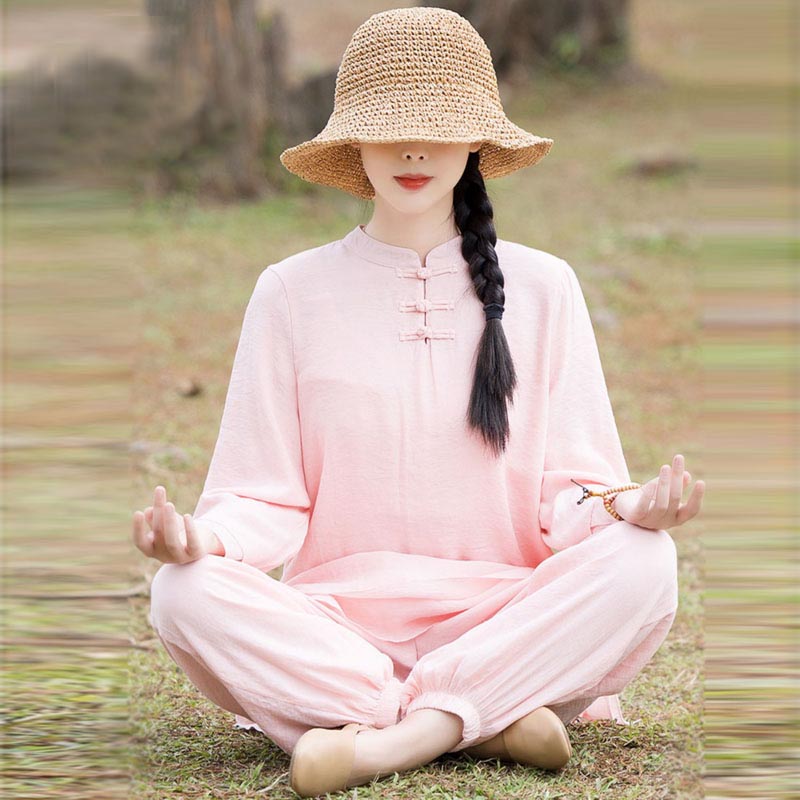 Buddha Stones 2Pcs Plain Design Top Pants Meditation Yoga Zen Tai Chi Cotton Linen Clothing Women's Set