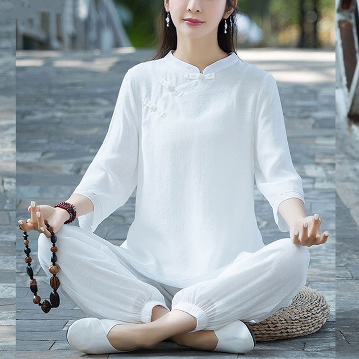 Buddha Stones 2Pcs Plain Design Top Pants Meditation Yoga Zen Tai Chi Cotton Linen Clothing Women's Set