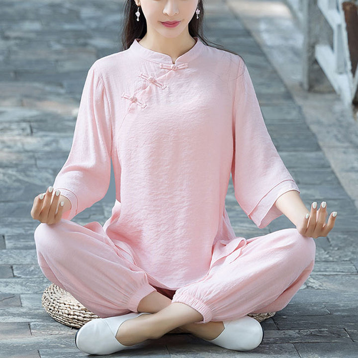 Buddha Stones 2Pcs Plain Design Top Pants Meditation Yoga Zen Tai Chi Cotton Linen Clothing Women's Set