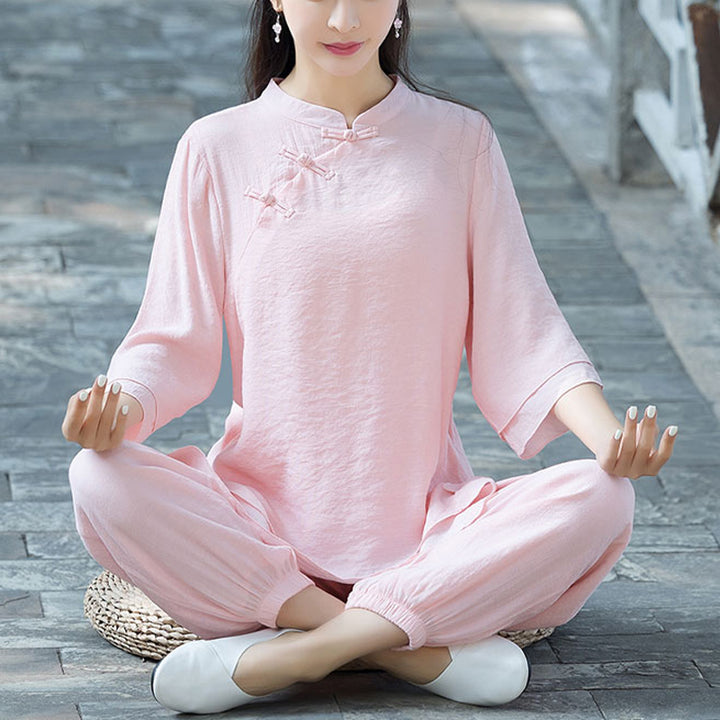 Buddha Stones 2Pcs Plain Design Top Pants Meditation Yoga Zen Tai Chi Cotton Linen Clothing Women's Set - Pink Chinese Frog Button(Top&Pants) - US8-10，UK/AU12-14，EU40-42 (2XL) - image 26