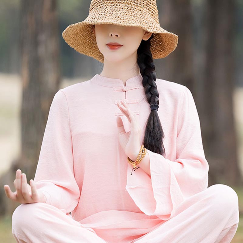 Buddha Stones 2Pcs Plain Design Top Pants Meditation Yoga Zen Tai Chi Cotton Linen Clothing Women's Set - image 14
