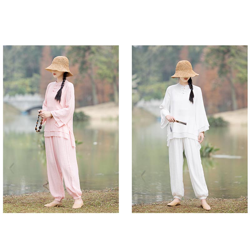 Buddha Stones 2Pcs Plain Design Top Pants Meditation Yoga Zen Tai Chi Cotton Linen Clothing Women's Set