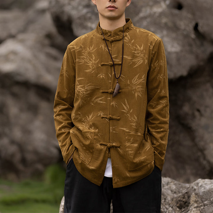 Buddha Stones Bamboo Leaves Clothing Chinese Tang Suit Jacket Coat Men Clothing - Yellow(Top Only) - US/UK/AU46，EU56 (5XL)  - image 0