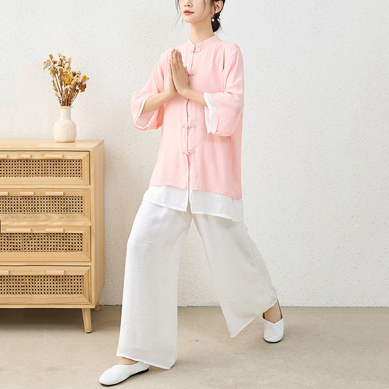 Buddha Stones 2Pcs Simple Chinese Frog Button Design Top Pants Meditation Yoga Zen Tai Chi Cotton Clothing Women's Set - image 4