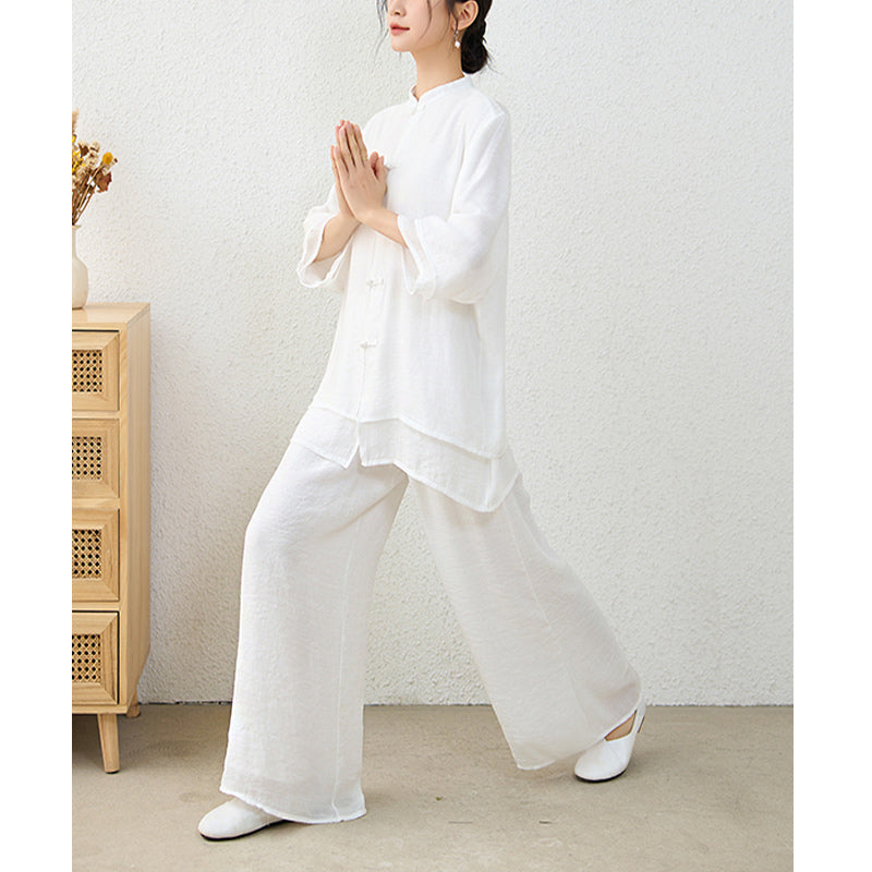 Buddha Stones 2Pcs Simple Chinese Frog Button Design Top Pants Meditation Yoga Zen Tai Chi Cotton Clothing Women's Set - image 21