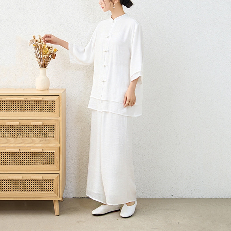 Buddha Stones 2Pcs Simple Chinese Frog Button Design Top Pants Meditation Yoga Zen Tai Chi Cotton Clothing Women's Set - image 19