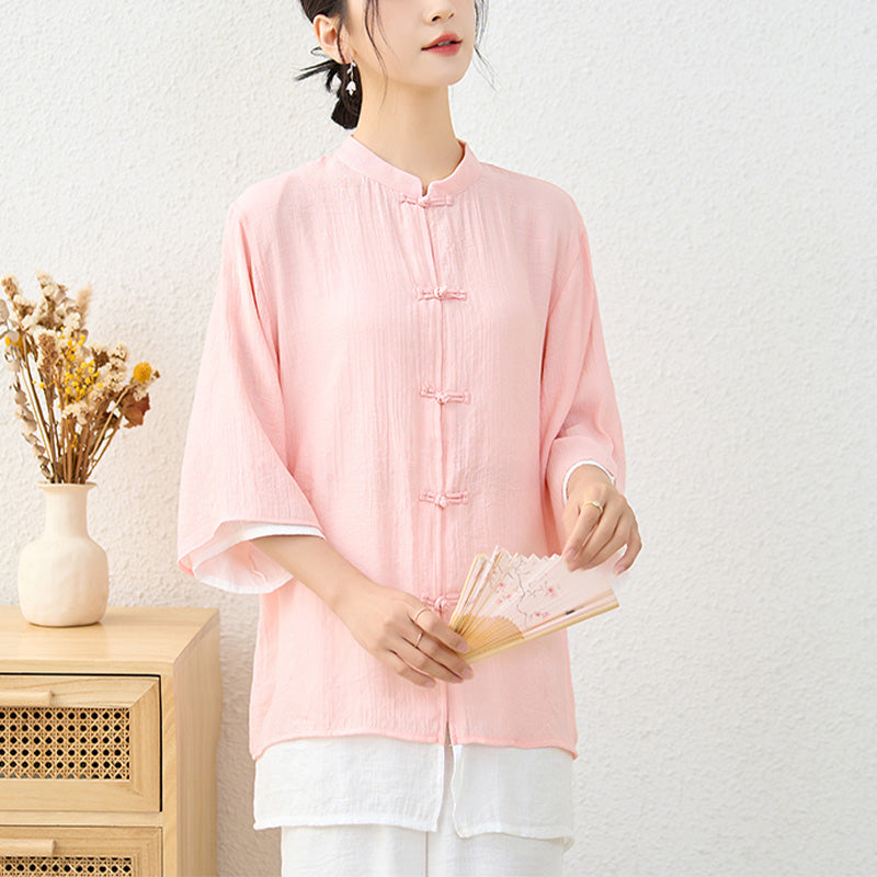 Buddha Stones 2Pcs Simple Chinese Frog Button Design Top Pants Meditation Yoga Zen Tai Chi Cotton Clothing Women's Set - image 2