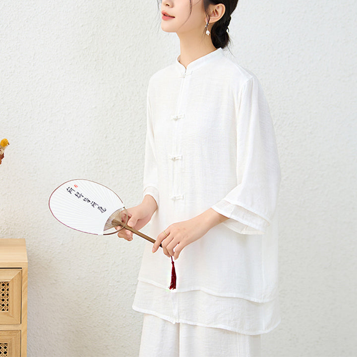 Buddha Stones 2Pcs Simple Chinese Frog Button Design Top Pants Meditation Yoga Zen Tai Chi Cotton Clothing Women's Set - image 16