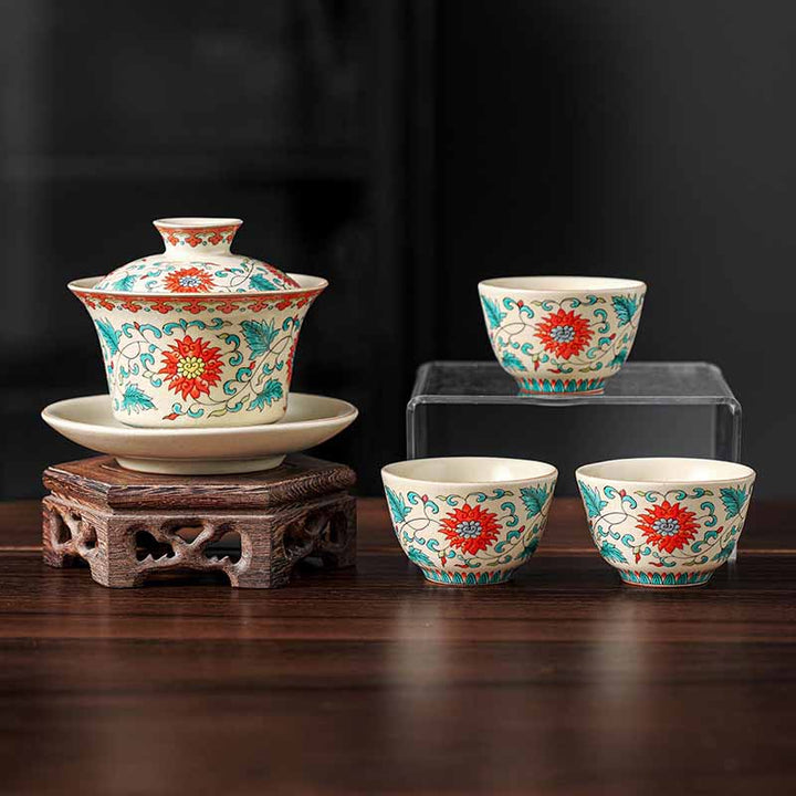 Buddha Stones A Panorama of Rivers and Mountains Flowers Ceramic Gaiwan Sancai Teacup Kung Fu Tea Cup And Saucer With Lid - 4PCS Flower(1PC 12cm*9cm*100ml&3PCS 6.5*4cm*40ml) - image 14