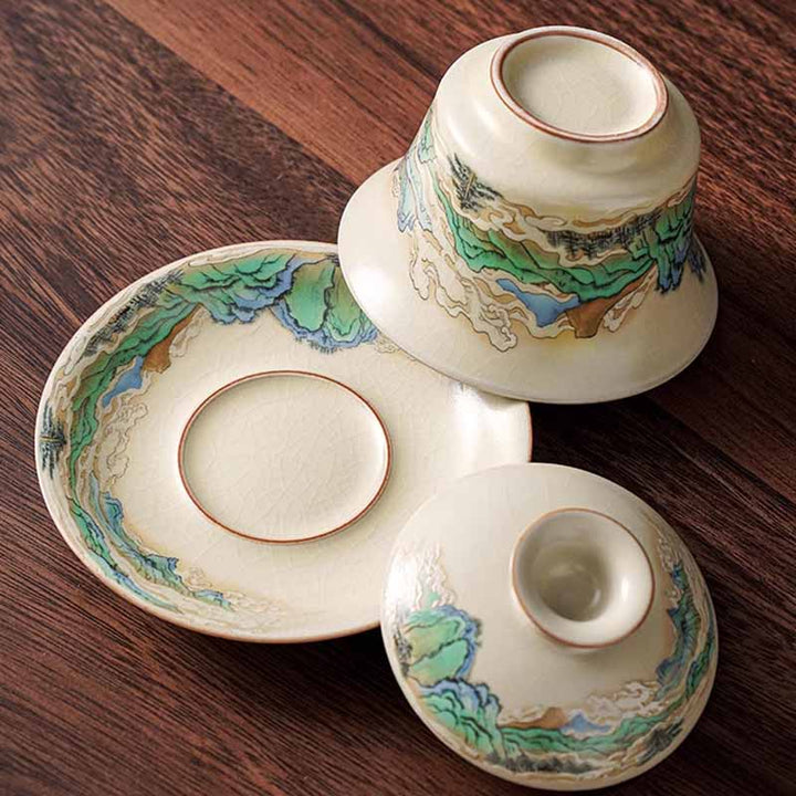 Buddha Stones A Panorama of Rivers and Mountains Flowers Ceramic Gaiwan Sancai Teacup Kung Fu Tea Cup And Saucer With Lid - image 2