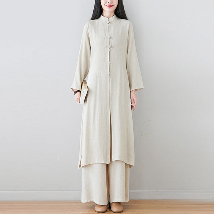 Buddha Stones 2Pcs Chinese Frog Button Design Zen Tai Chi Meditation Clothing Top Pants Women's Set - image 2