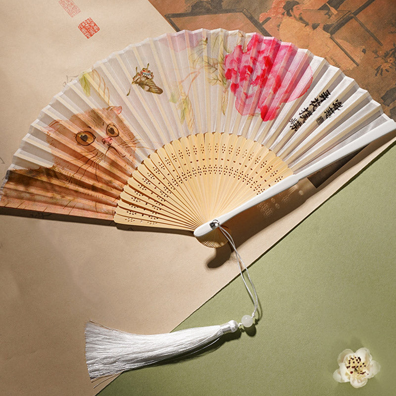 Buddha Stones Cute Cat Butterfly Flowers Pattern Handheld Silk Bamboo Folding Fan 21cm