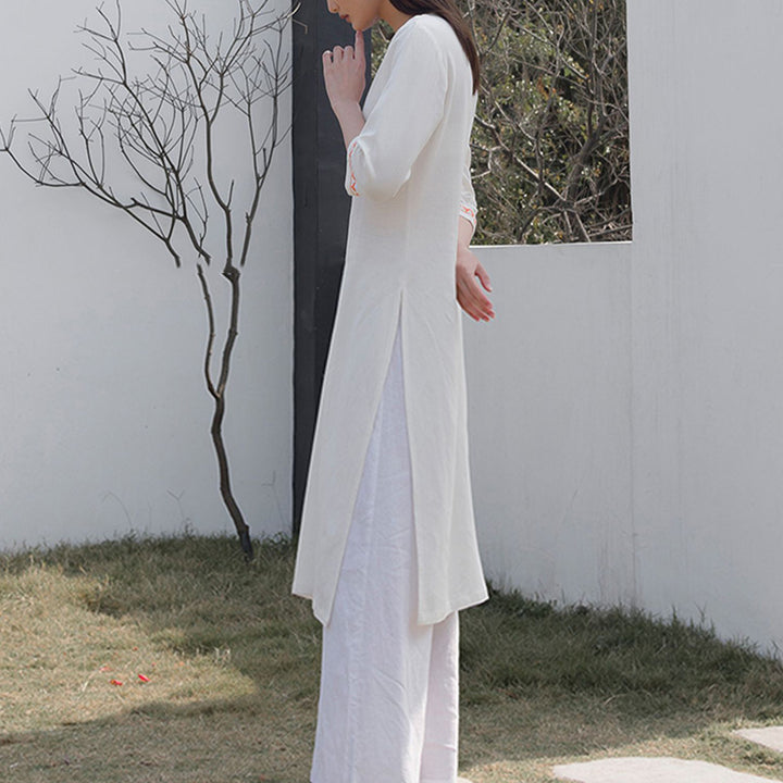 Buddha Stones 2Pcs V-neck Embroidery Yoga Clothing Zen Meditation Cotton Linen Top Pants Women's Set - image 3